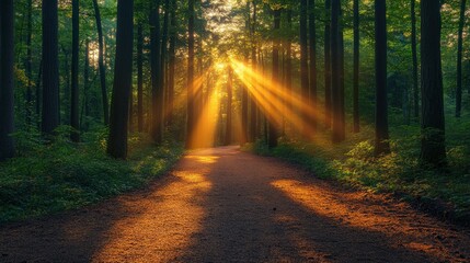Fototapeta premium Sunbeams illuminate a path through a lush green forest at sunrise.