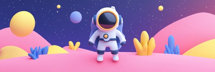 Naklejka premium Cute astronaut standing on a vibrant alien planet.