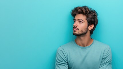Obraz premium Thoughtful Young Man with Stylish Hair Against a Teal Background