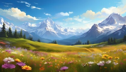 Vibrant wildflower meadow stretching beneath towering snow capped mountain peaks, displaying stunning natural alpine landscape composition