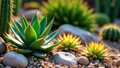 Fototapeta premium Agave and torch aloe plant paired with succulent rocks in a desert garden landscape, desert garden, outdoor, gardening