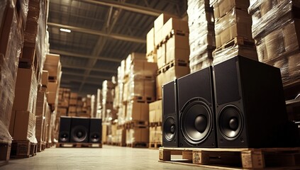 Warehouse Inventory: Audio Speakers Stored on Pallets in a Large Distribution Center, Ready for Shipment