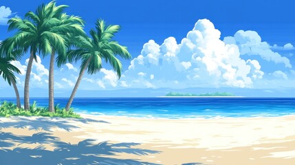 Fototapeta premium Idyllic tropical beach scene with palm trees, white sand, and turquoise ocean under a sunny sky.