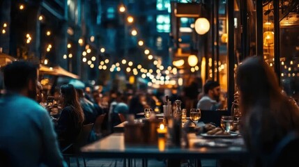 Obraz premium Nightlife at a bustling outdoor restaurant, warm lighting, people dining.