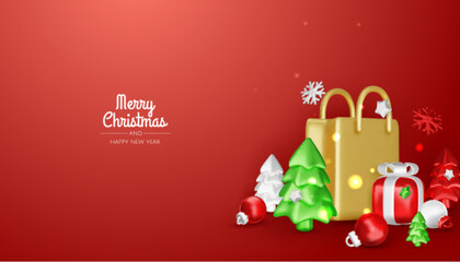 Christmas and New Year Sale. Bright realistic 3d holiday object design, shopping bag, gift box. Promo sale, advertising banner, web poster. vector illustration