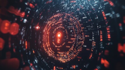 Obraz premium Abstract digital keyhole inside a futuristic red and black circular interface.