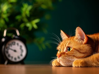 A curious orange cat lies on a table, staring intently at a clock, surrounded by greenery, creating a calm and cozy atmosphere.