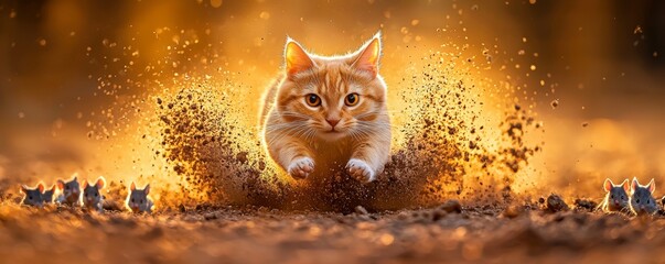 A dynamic scene of a running cat surrounded by splashes of dust, evoking energy and playfulness in a vibrant environment.