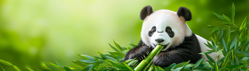 Naklejka premium A cute panda enjoys a bamboo snack in a lush green environment, showcasing nature's beauty.