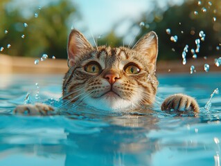 A cat swims in a pool, displaying curiosity and playfulness as water droplets splash around it, creating a lively and fun atmosphere.