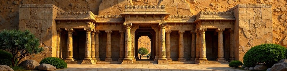Fototapeta premium Ancient temple with golden metallic background, historic landmark, stone architecture, metal background