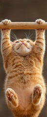 A playful orange tabby cat hangs from a wooden bar, showcasing its strength and adorable expression.