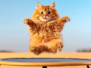 A fluffy orange cat joyfully jumps on a trampoline against a clear blue sky, showcasing its playful spirit.