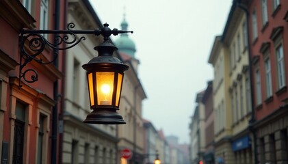 Antique lantern hanging from a Warsaw streetlamp, old, streetlamp, historic