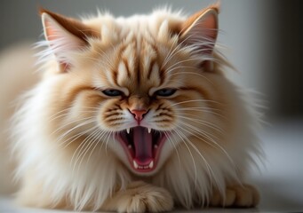 Fototapeta premium A fluffy Persian cat mid-yawn, showcasing its expressive face and thick fur, taken from a front-facing close-up angle, with the light carefully bringing out the layers of its fur