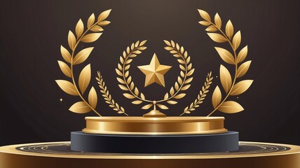 Gold award podium with laurel wreath vector illustration. Luxury templates for glamour product presentation, winner ceremony.