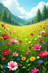 Fototapeta premium A vibrant meadow filled with a variety of blooming wildflowers, floral colors, flower field