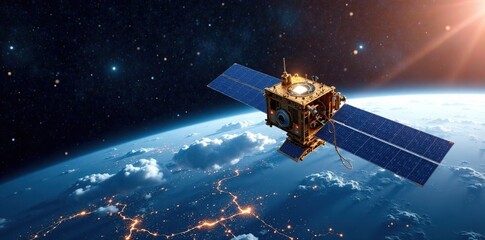 A weather satellite in a high orbit around the Earth, weather monitoring, technology