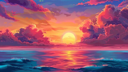 Fototapeta premium A digital art sunset over the ocean.