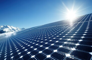  A solar panel is shown against the blue sky, with sunlight shining on it
