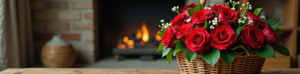 A wicker basket filled with a mix of fresh red roses and carnations, placed on a rustic wooden shelf in a cozy living room, carnation, floral arrangement, floral