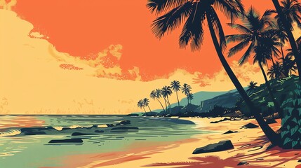 A digital art illustration of a tropical beach with palm trees and a sunset.