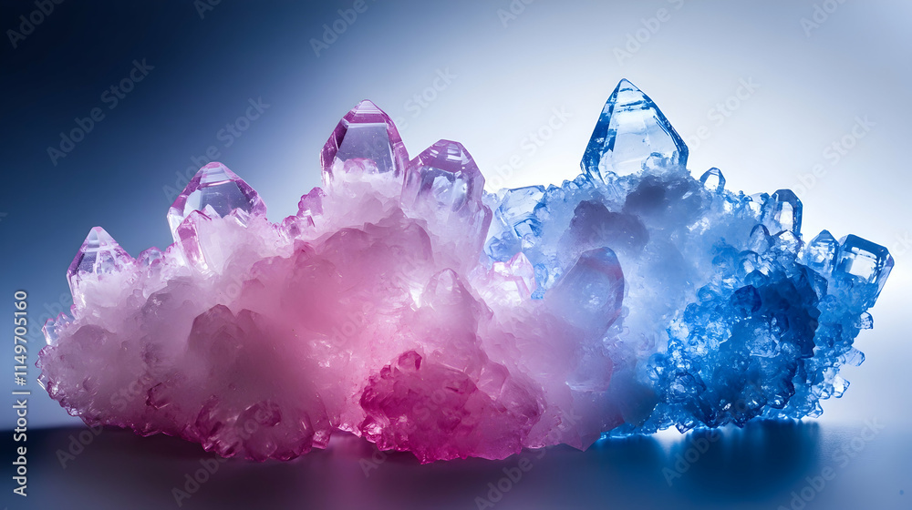 Wall mural 3d abstract background with floating crystalline structures in shades of pink and blue, illuminated 