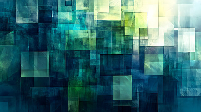 3D abstract background with floating translucent cubes, layered with geometric patterns, and illuminated by soft ambient light in a color palette of deep blues, greens, and silvers - Powered by Adobe