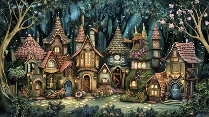 Fototapeta premium A whimsical illustration of a fairytale village nestled in the woods.