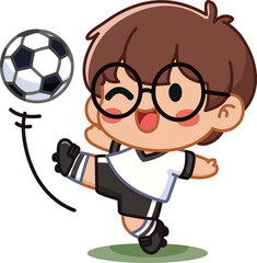 Smiling and winking boy kicking a soccer ball