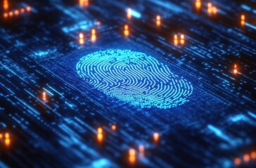 An ensemble of biometric-like lights illuminating the touch ID technology, with a blue digital background and the texture of a fingerprint on top of it