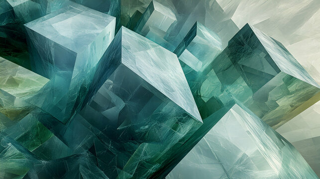 3D abstract background with floating translucent cubes, layered with geometric patterns, and illuminated by soft ambient light in a color palette of deep blues, greens, and silvers
