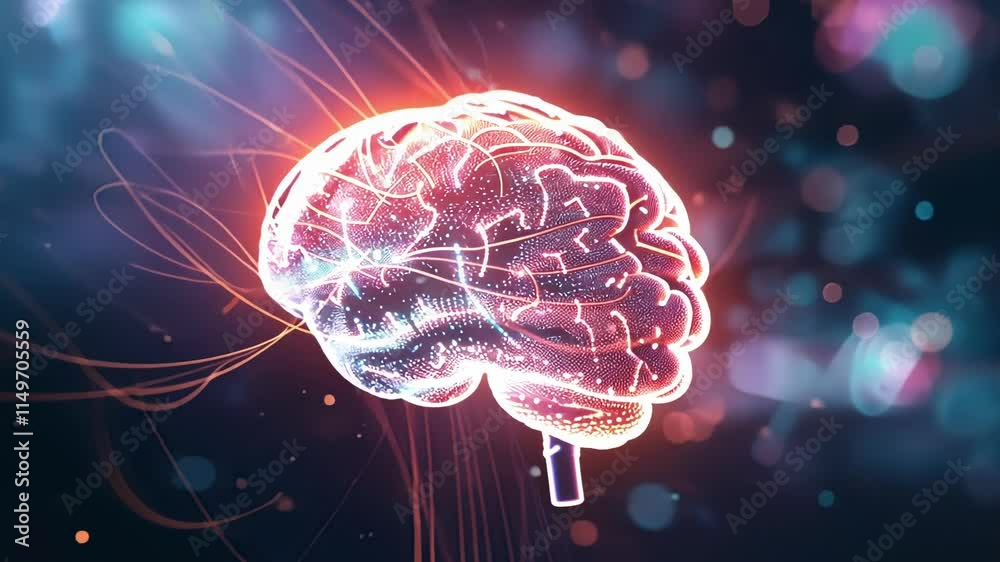 Poster complex network of connections and data flow transmitting through digital brain representing machine