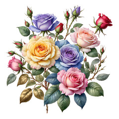 A collection of colorful roses and tiny flowers on a white background - Generative AI