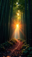 Bamboo grove at dusk with warm colors and shadows, peaceful twilight, serene ambiance