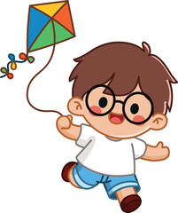 Happy cartoon boy with glasses flying a kite