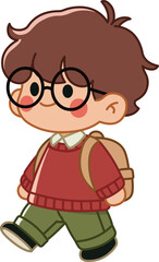 Smiling schoolboy walking with backpack in a kawaii cartoon style