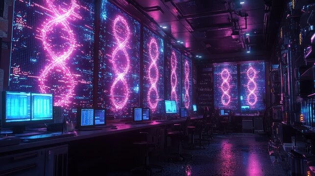 A sci-fi lab environment where holographic DNA structures and molecular models rotate in mid-air for scientific analysis