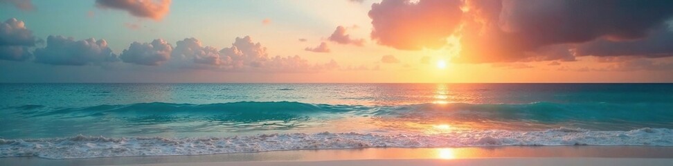 Fototapeta premium Beach at sunset with turquoise water and white sandy shore, sunset, natural, sand