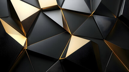 3D abstract background with sharp, jagged geometric shapes in metallic textures, with light reflecting off of angular surfaces, and dark contrasts of black, gold, and silver