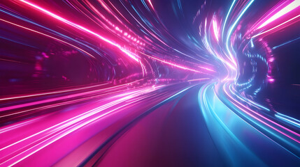 3D abstract background with swirling, fluid shapes, glowing light trails, and vibrant colors like neon pink, purple, and blue, creating a dynamic and futuristic atmosphere