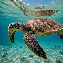 A sea turtle gliding gracefully through turquoise ocean waters.