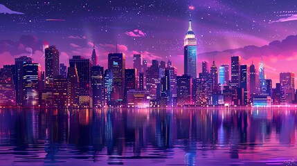 A cartoon-style illustration of a city skyline at night, reflected in the water.
