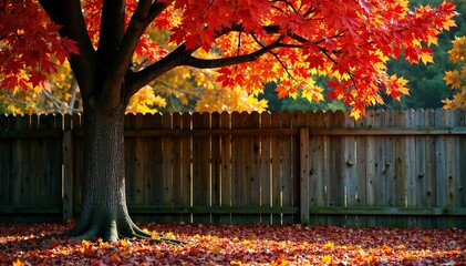 Beech tree with a variety of autumn leaf colors against a rustic wooden fence, leaves, autumn leaves, outdoor