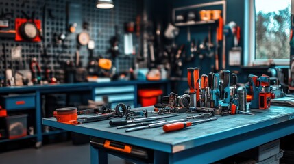 Well-equipped workshop with various tools on workbench.