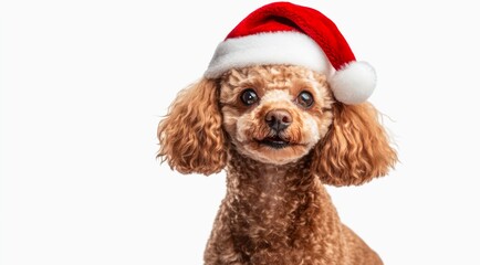 Cute brown Poodle puppy in Santa Claus red hat on white background.