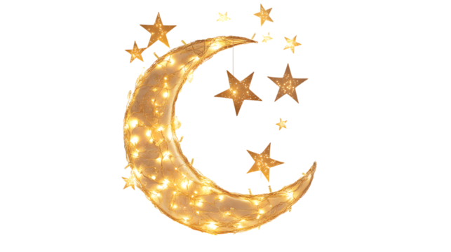 A crescent moon and star arrangement made of golden lights, isolated on white 