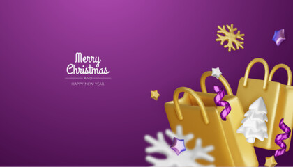 Christmas and New Year Sale. Bright realistic 3d holiday object design, shopping bag, gift box. Promo sale, advertising banner, web poster. vector illustration