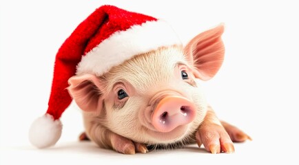 Cute pink pig in Santa Claus red hat on white background.