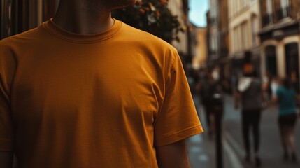 Fototapeta premium Man in mustard yellow t-shirt on city street.